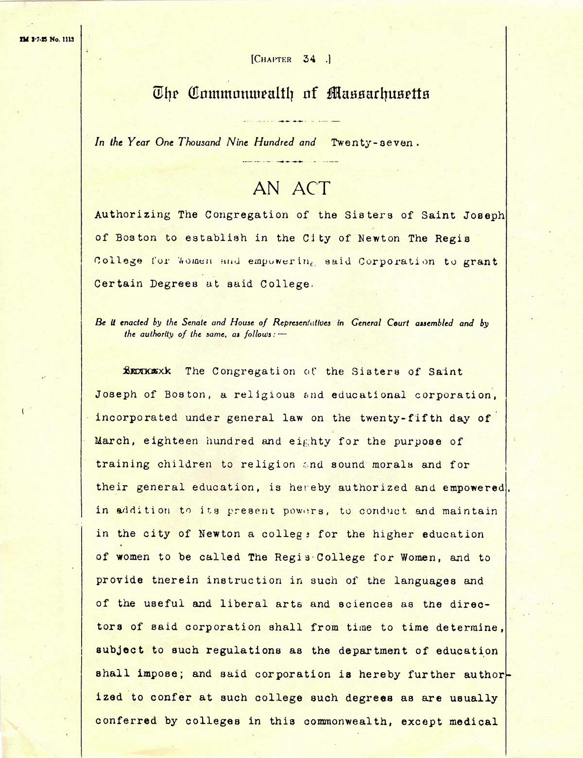 The original Regis College charter 1927