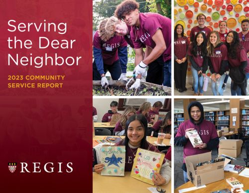 Cover of the 2023 Serving the Dear Neighbor report featuring photos of students at Founders' Day