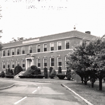 A black and white photo of the science building