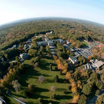Aerial view of Regis College centered on College Hall