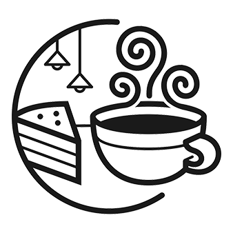 Line drawing of a slice of pie and a steaming mug of coffee inside a circle