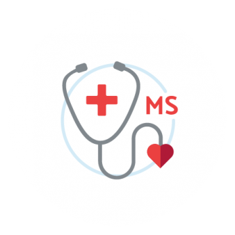 Drawing of a stethoscope with a red cross on a blue circle in the background with "MS" beside it