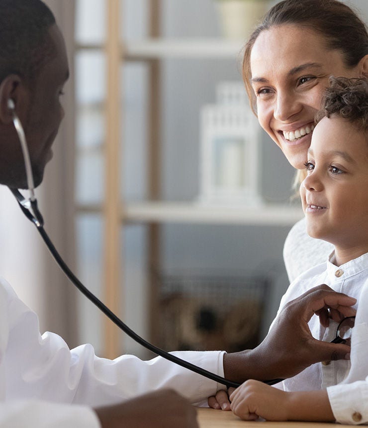 African male pediatrician hold stethoscope exam child boy patient visit doctor with mother, black paediatrician check heart lungs of kid do pediatric checkup in hospital children medical care concept; Shutterstock ID 1463202677; purchase_order: -; job: -; client: -; other: -