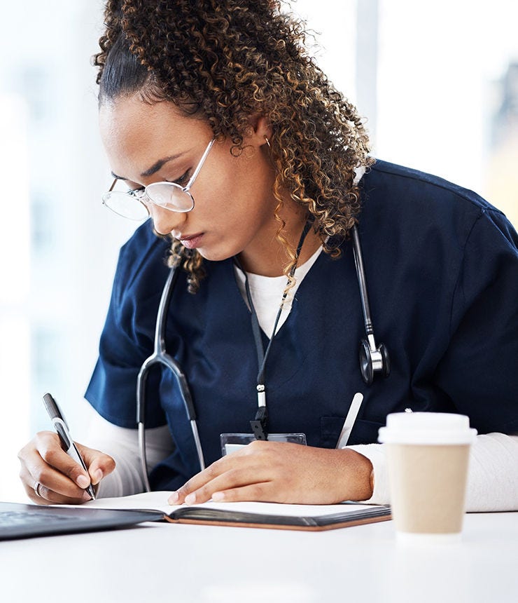 Medical student, thinking or writing books in research education, wellness studying or hospital learning. Laptop, nurse or healthcare woman and notebook, technology or scholarship medicine internship; Shutterstock ID 2260732105; purchase_order: -; job: -; client: -; other: -