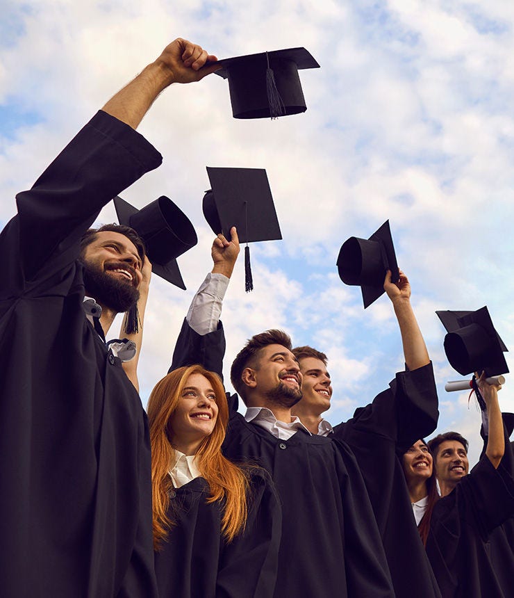 Millennial students celebrating graduation ceremony and throwing their caps up outdoors, copy space text. Young people on commencement day; Shutterstock ID 1951498522; purchase_order: -; job: -; client: -; other: -