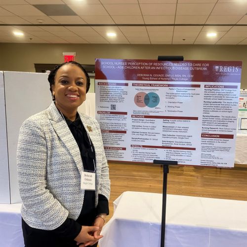 DNP Deborah Odunze '24 at DNP student Deborah Odunze '24 presented a poster with her scholarly practice project results at the Spring   Massachusetts/Rhode Island League for Nursing Conference Conference 