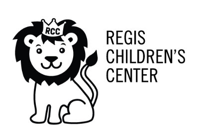 Drawing of a lion wearing a crown beside the text Regis Children's Center