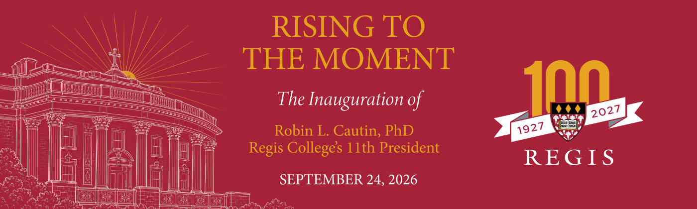 a drawing of college hall accompanied by text and the Regis Centennial logo