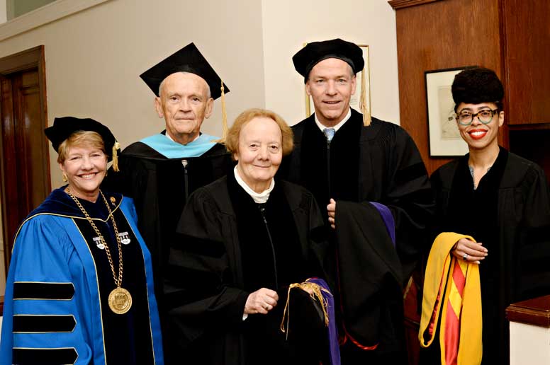 From left to right: President Hays, Chair of the Regis Board of Trustees John Tegan, St. Consilio, Mr. Fish and Dr. Ford.