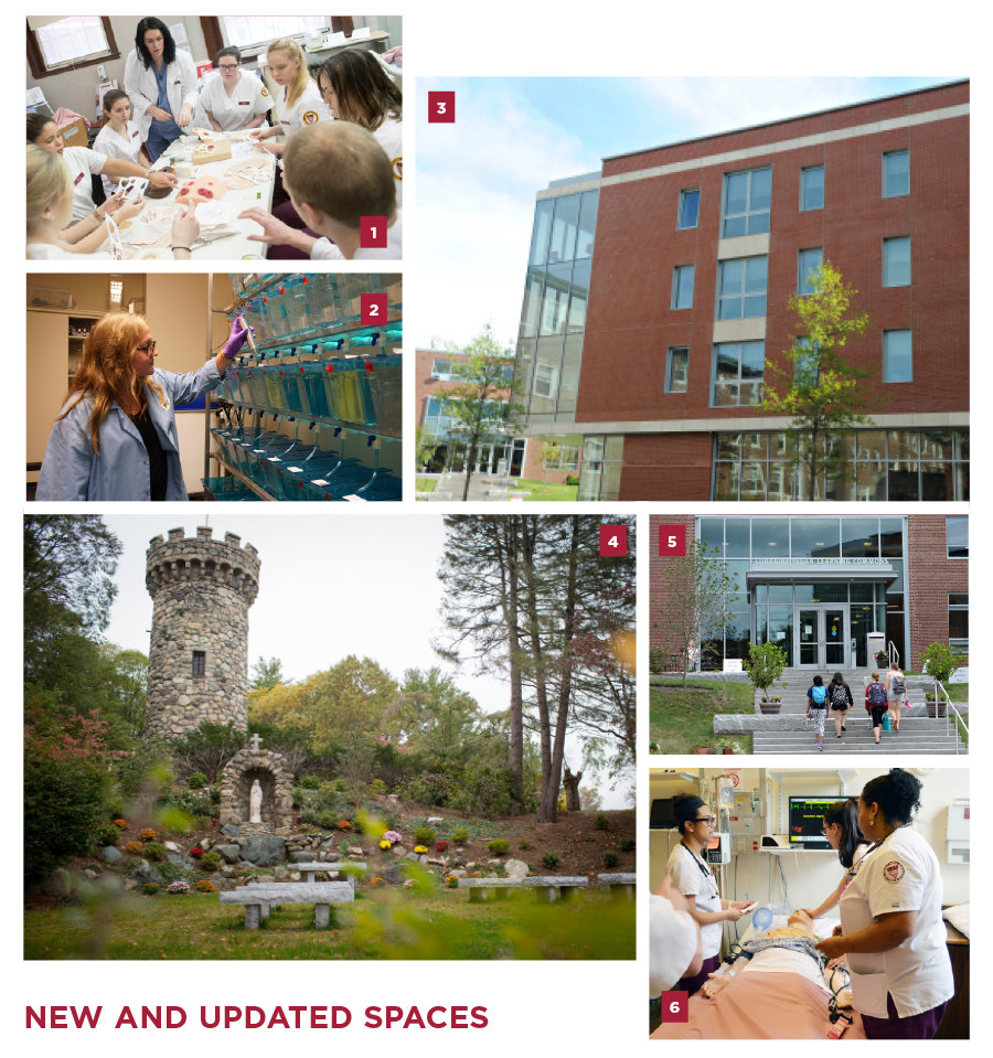 Collage of numbered photos titled 'New and Updated Spaces' - 1) nursing students gathered around a table, 2) A woman in a lab coat inspects zebrafish tanks, 3) the Maria Hall Extension, 4) the Grotto with the Norman Tower in the background, 5) students walk up the steps to the Learning Commons, 6) nursing students gathered around a practice mannequin - detailed descriptions follow