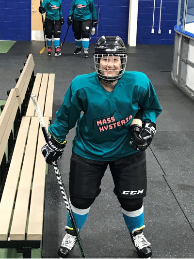 Ann V. LaFollette poses in her South Shore Women's Hockey League Mass Hysteria uniform