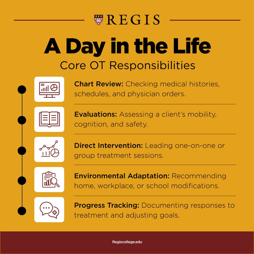 A graphic discussing the core responsibilities of an OT on a daily basis, including chart review, evaluations, direct interventions, environmental adaptation, and progress tracking.