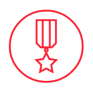 Red line drawing of a military-style award on a ribbon inside of a circle