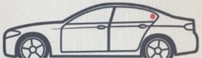 Drawing of a car with a red dot in the rear driver's side window indicating the proper location of a Regis parking permit